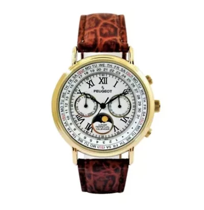 Peugeot Men's Vintage Multi-Function Moon Phase Watch with Perpetual Calendar and Brown Leather Band