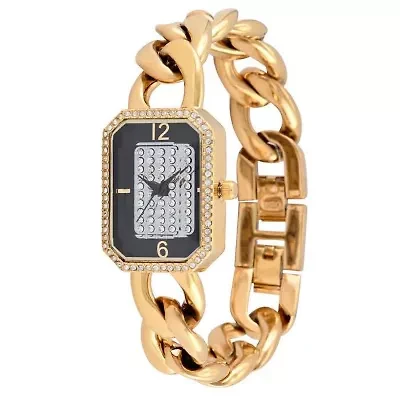 Womens 14K Gold-Plated Rectangular Link Bracelet Watch-Crystal Studded Face