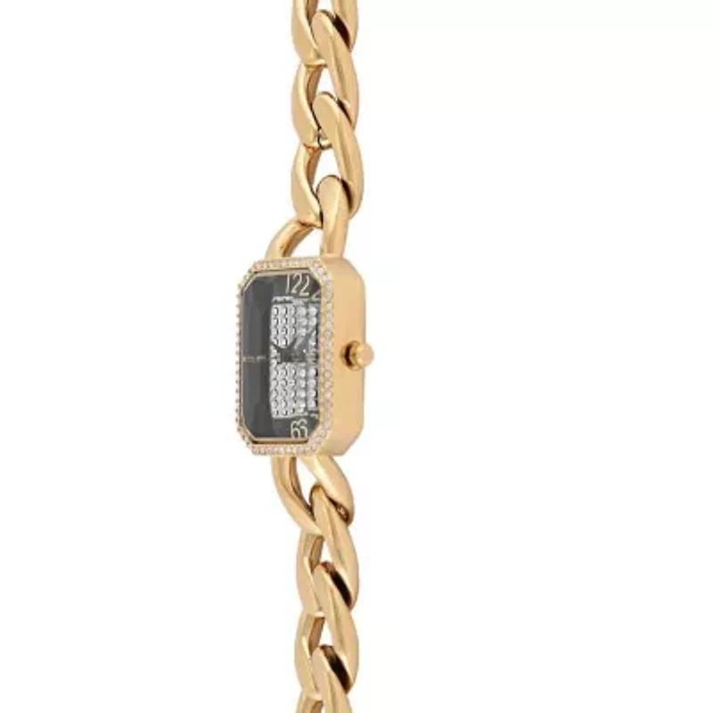 Womens 14K Gold-Plated Rectangular Link Bracelet Watch-Crystal Studded Face