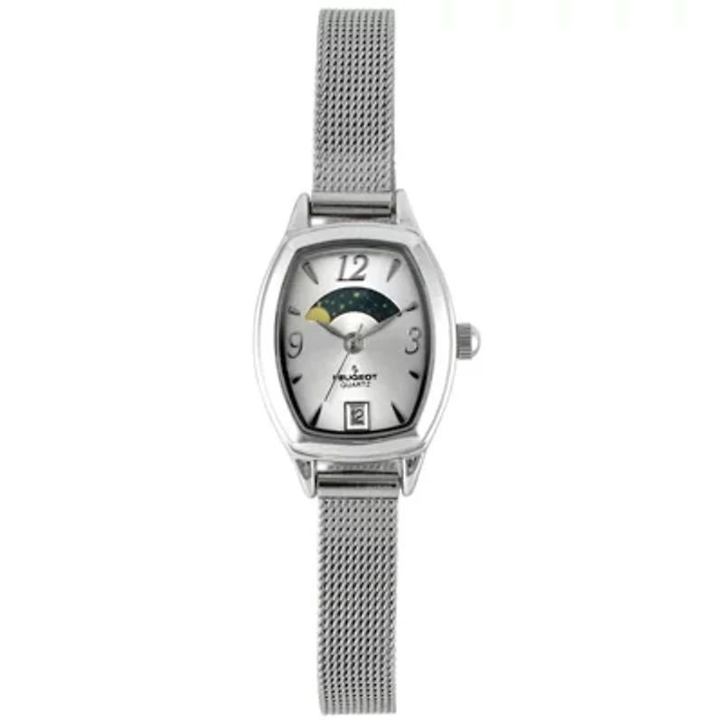 Peugeot Women's Silver Dial Sun Moon Watch 30x20mm Calendar Mesh Bracelet