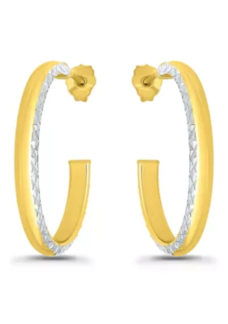 Sterling Silver Two Tone Polish and Diamond Cut Hoop Earrings