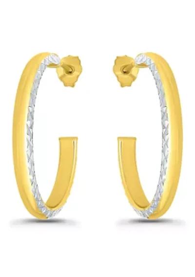 Sterling Silver Two Tone Polish and Diamond Cut Hoop Earrings