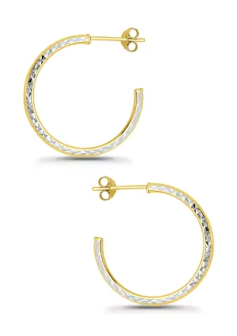 Sterling Silver Two Tone Polish and Diamond Cut Hoop Earrings