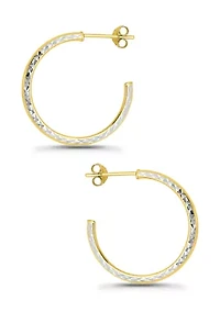 Sterling Silver Two Tone Polish and Diamond Cut Hoop Earrings