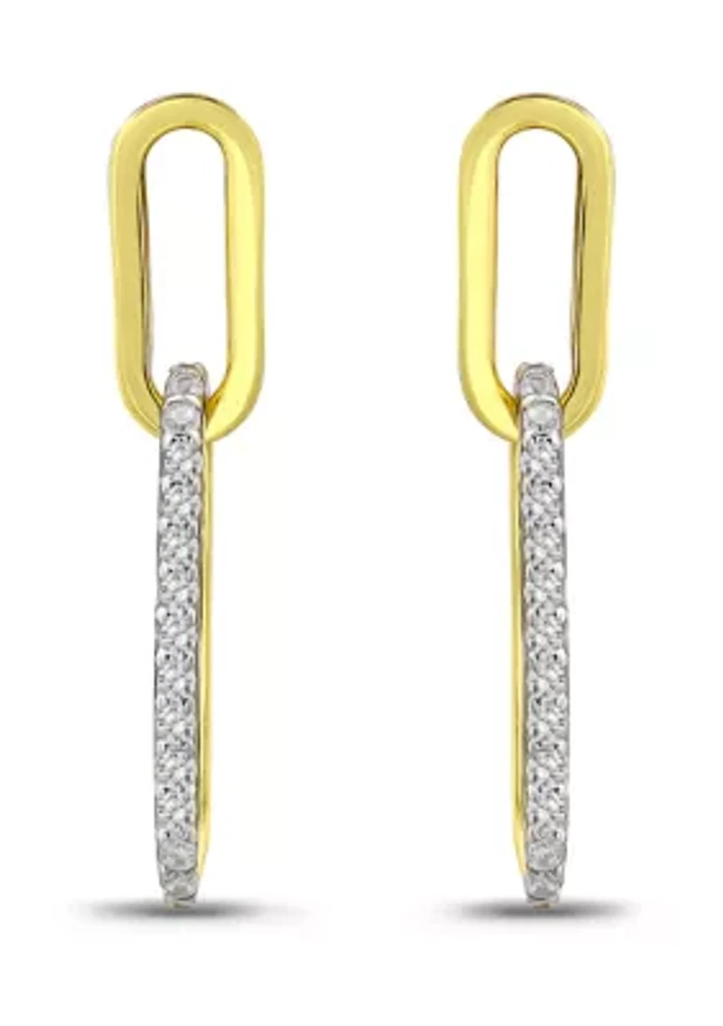 Sterling Silver Two Tone Pave CZ Small Oval Paperclip Linear Earrings
