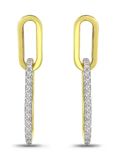 Sterling Silver Two Tone Pave CZ Small Oval Paperclip Linear Earrings