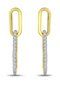 Sterling Silver Two Tone Pave CZ Small Oval Paperclip Linear Earrings