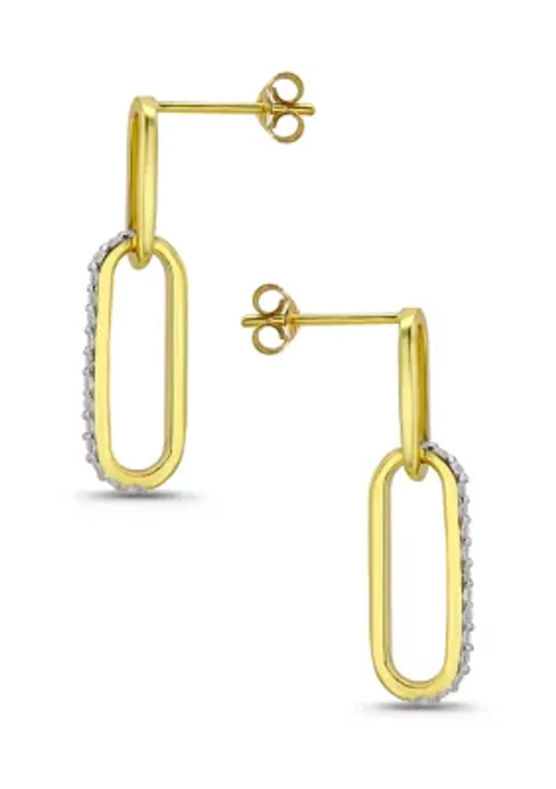 Sterling Silver Two Tone Pave CZ Small Oval Paperclip Linear Earrings