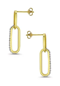 Sterling Silver Two Tone Pave CZ Small Oval Paperclip Linear Earrings