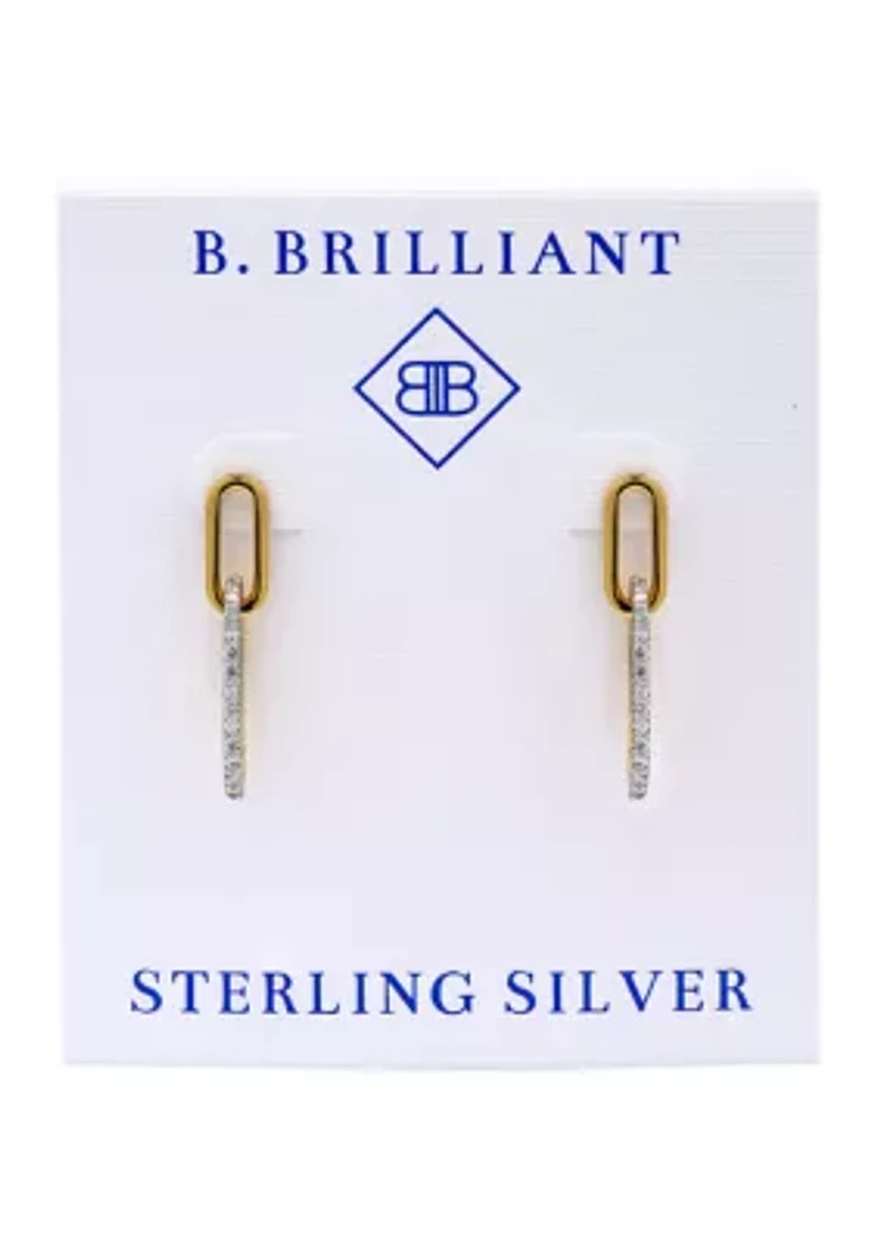 Sterling Silver Two Tone Pave CZ Small Oval Paperclip Linear Earrings
