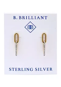 Sterling Silver Two Tone Pave CZ Small Oval Paperclip Linear Earrings