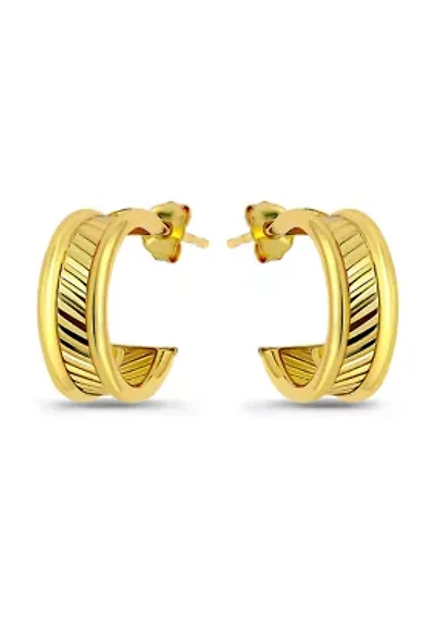 Sterling Silver 15 Millimeter Diagonal Ribbed Center Hoop Earrings