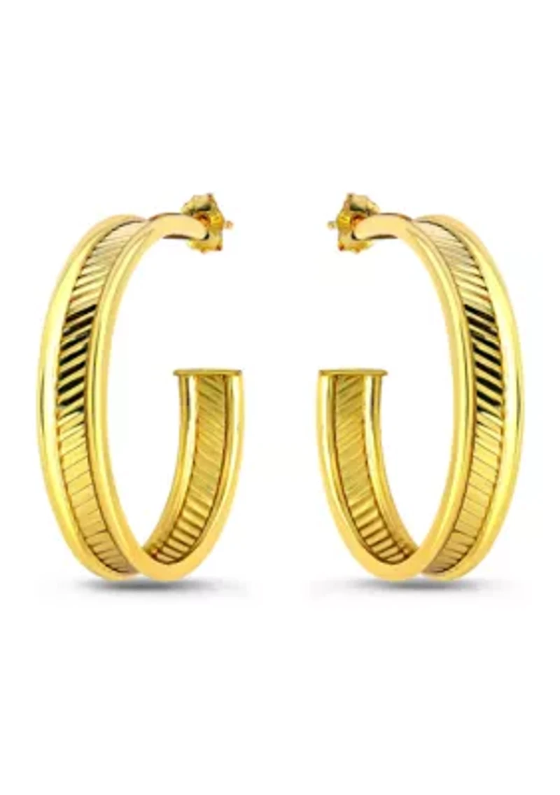 Sterling Silver Diagonal Ribbed Center Hoop Earrings