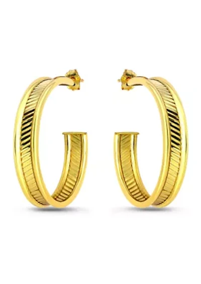 Sterling Silver Diagonal Ribbed Center Hoop Earrings