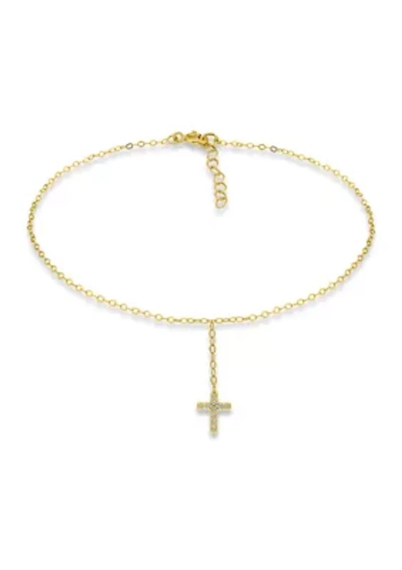 Sterling Silver Pavé Cubic Zirconia Cross Anklet