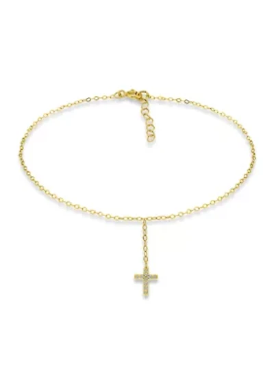 Sterling Silver Pavé Cubic Zirconia Cross Anklet