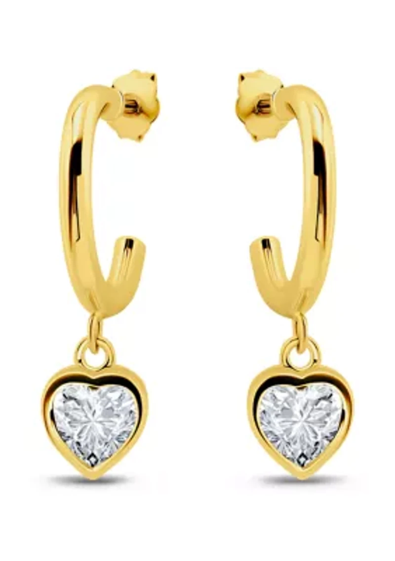 Sterling Silver Heart Cubic Zirconia Bezel Drop Charm Hoop Earrings