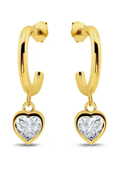 Sterling Silver Heart Cubic Zirconia Bezel Drop Charm Hoop Earrings