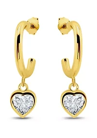 Sterling Silver Heart Cubic Zirconia Bezel Drop Charm Hoop Earrings