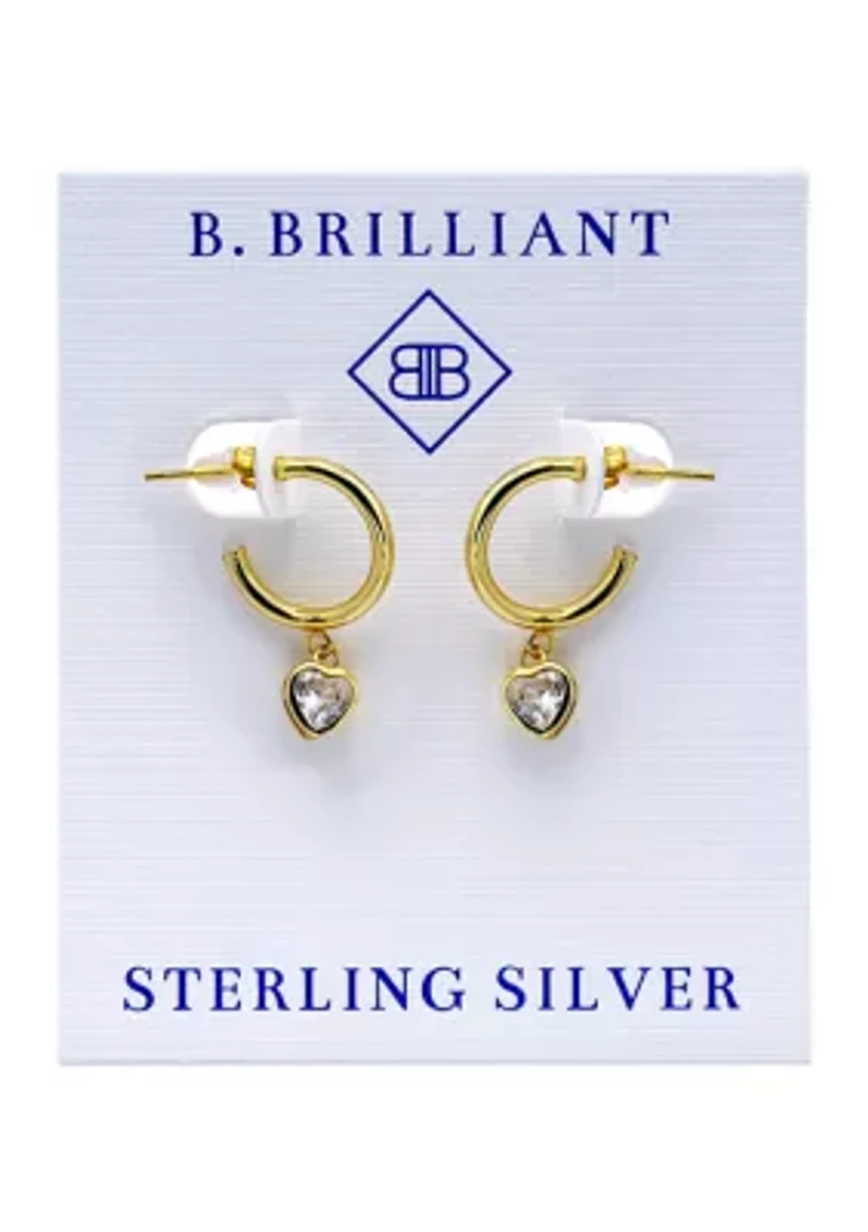 Sterling Silver Heart Cubic Zirconia Bezel Drop Charm Hoop Earrings