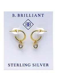 Sterling Silver Heart Cubic Zirconia Bezel Drop Charm Hoop Earrings