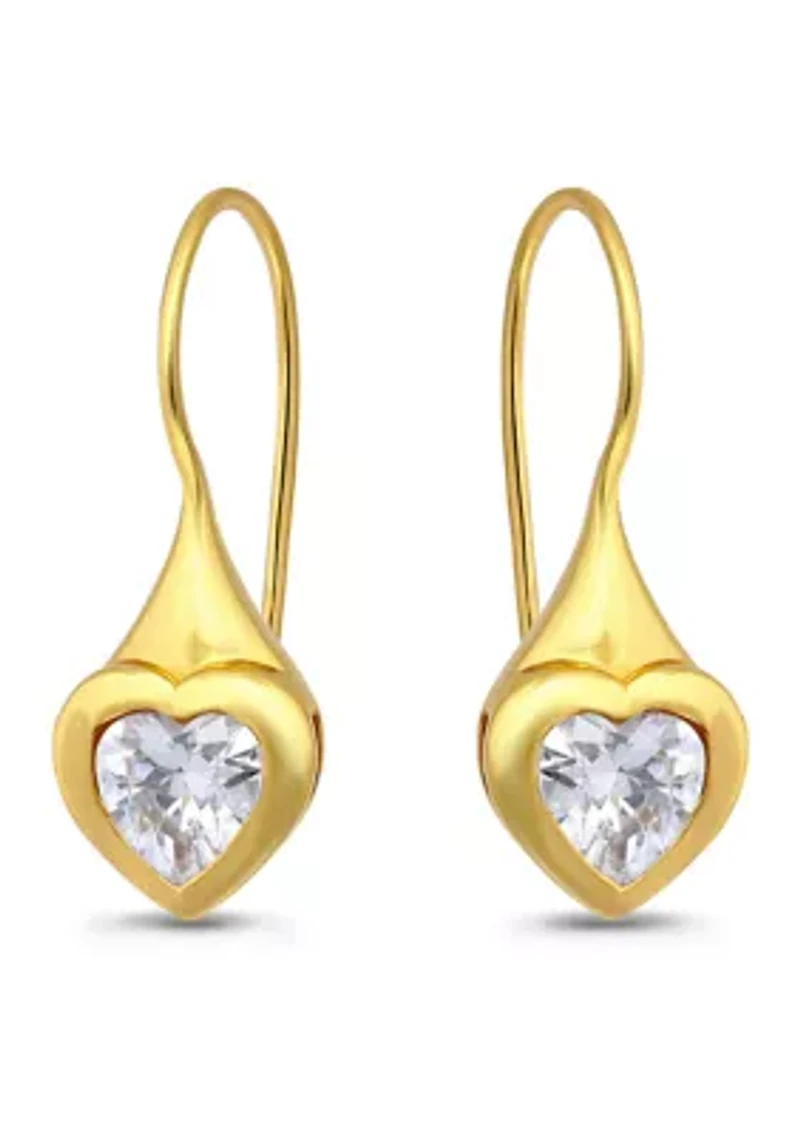 Sterling Silver Heart Shape Cubic Zirconia Bezel French Wire Drop Earrings