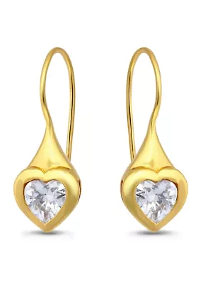 Sterling Silver Heart Shape Cubic Zirconia Bezel French Wire Drop Earrings