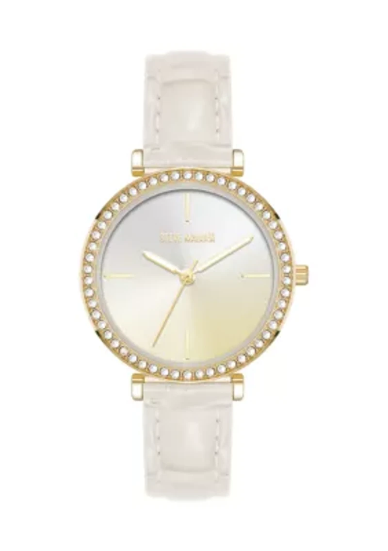 Contemporary White Faux Leather and Gold Tone Alloy Metal Watch