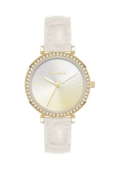 Contemporary White Faux Leather and Gold Tone Alloy Metal Watch