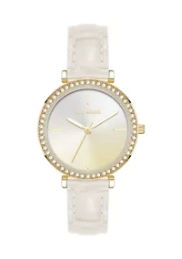 Contemporary White Faux Leather and Gold Tone Alloy Metal Watch