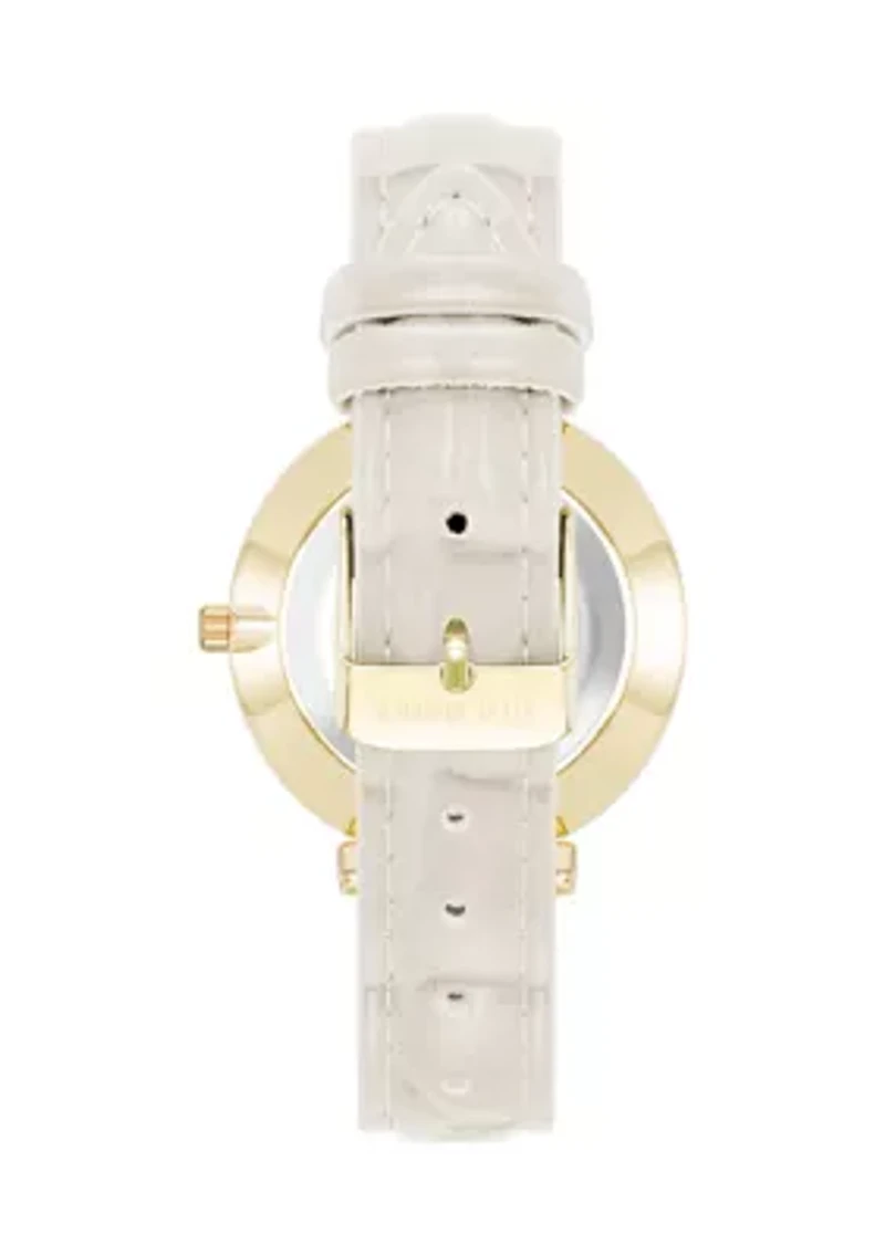 Contemporary White Faux Leather and Gold Tone Alloy Metal Watch