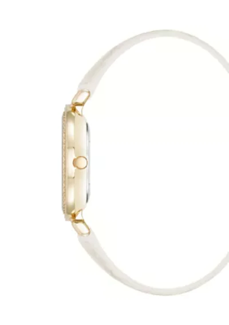 Contemporary White Faux Leather and Gold Tone Alloy Metal Watch