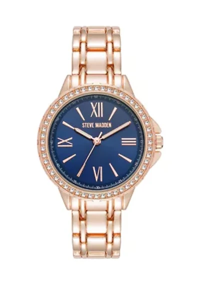 Charming Navy and Rose Gold-Tone Alloy Metal Bracelet Watch