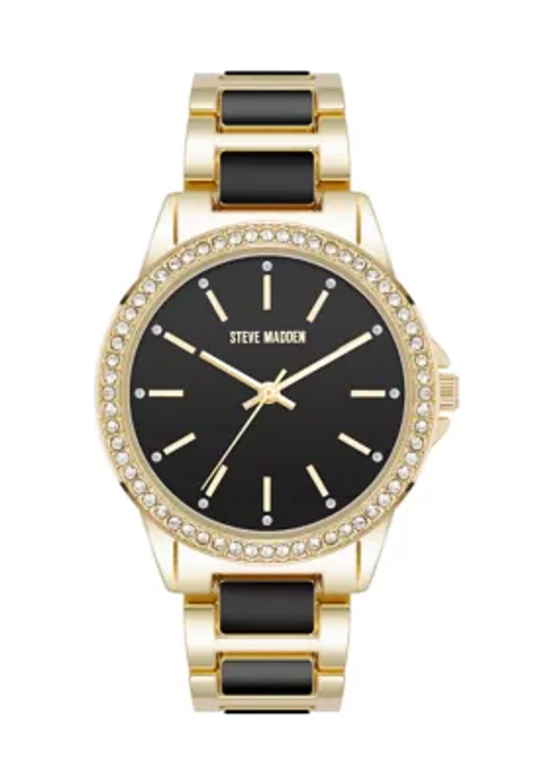 Signature Black Enamel and Gold-Tone Alloy Metal Bracelet Watch