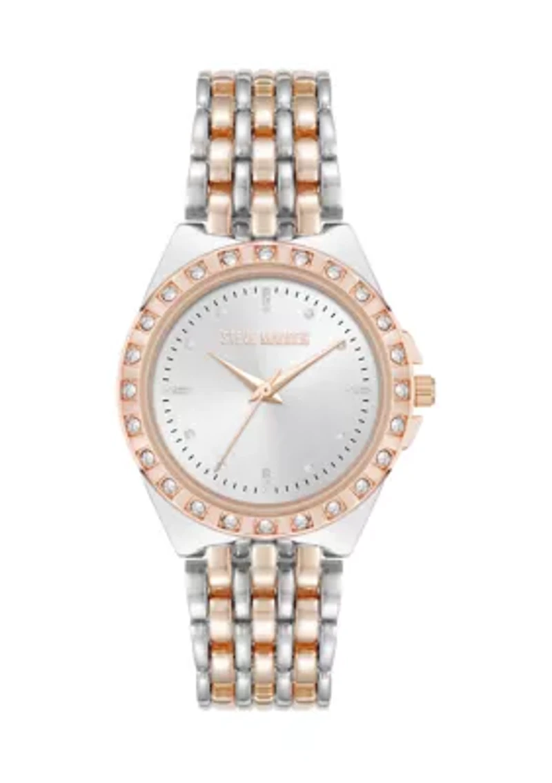 Rose Silver Tone Crystal Accented Bezel Watch