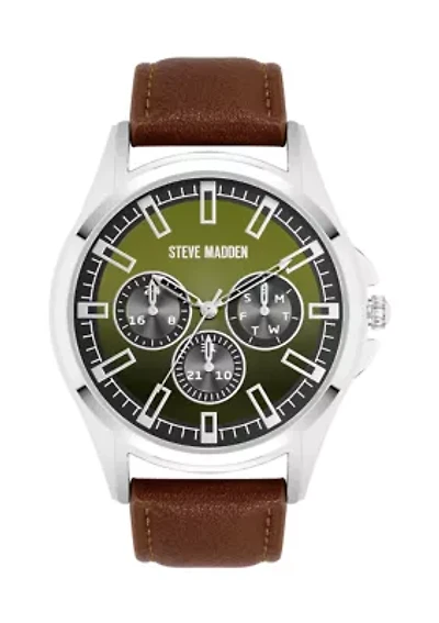 Signature Green and Brown Faux Leather Silver Tone Alloy Metal Watch