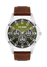 Signature Green and Brown Faux Leather Silver Tone Alloy Metal Watch