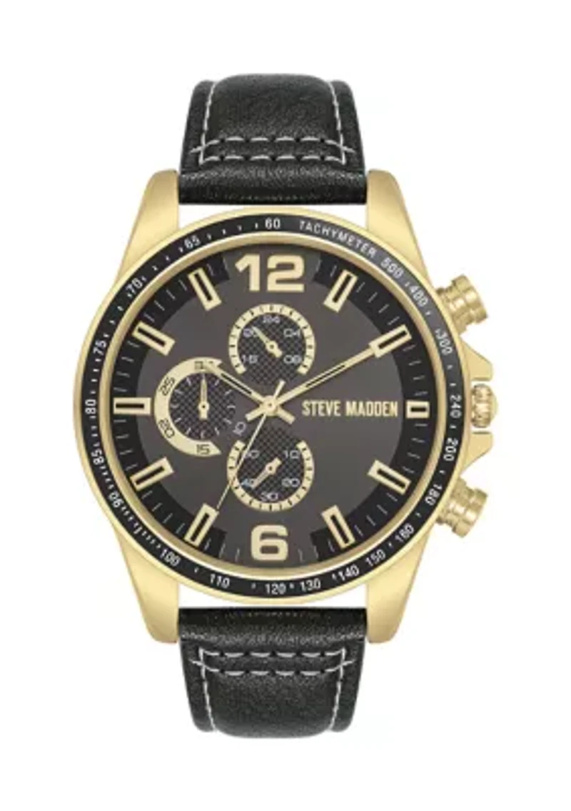 Modern Black Faux Leather and Gold Tone Alloy Metal Watch
