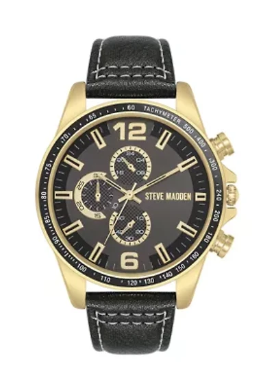 Modern Black Faux Leather and Gold Tone Alloy Metal Watch
