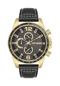 Modern Black Faux Leather and Gold Tone Alloy Metal Watch