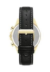 Modern Black Faux Leather and Gold Tone Alloy Metal Watch