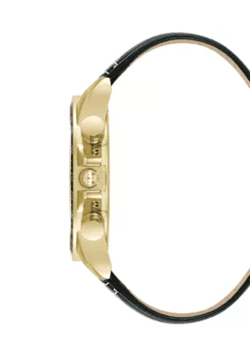 Modern Black Faux Leather and Gold Tone Alloy Metal Watch