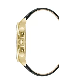 Modern Black Faux Leather and Gold Tone Alloy Metal Watch