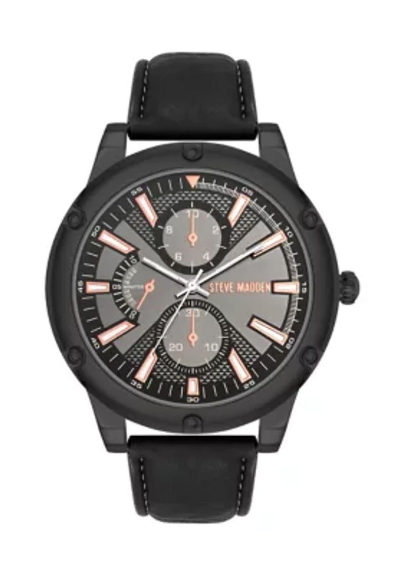 Sleek Black Faux Leather and Dark Gray Alloy Metal Watch