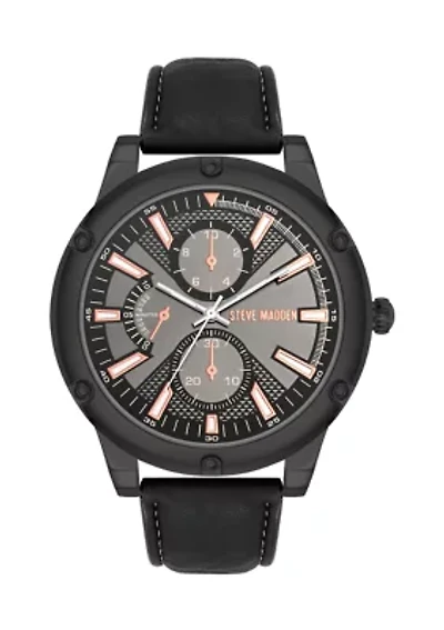 Sleek Black Faux Leather and Dark Gray Alloy Metal Watch
