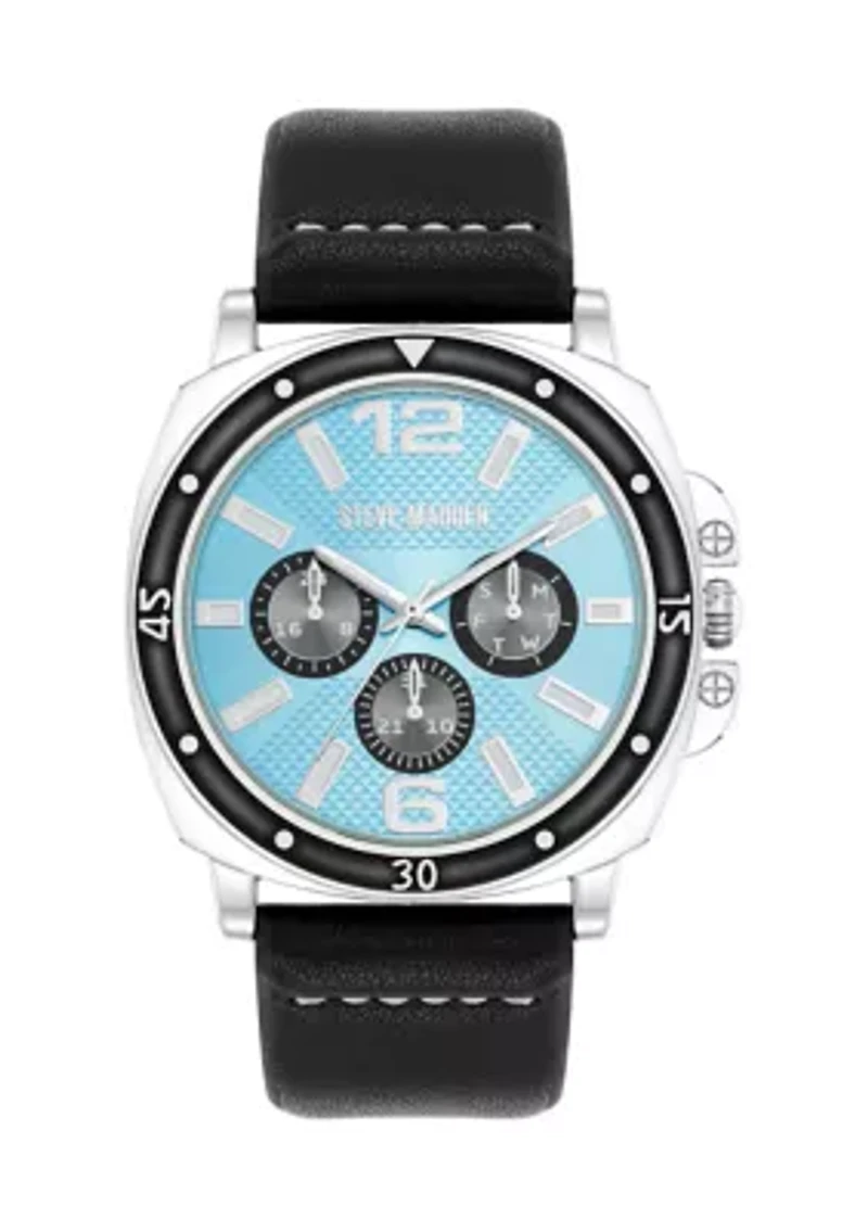 Vivid Light Blue Dial Black Faux Leather Watch