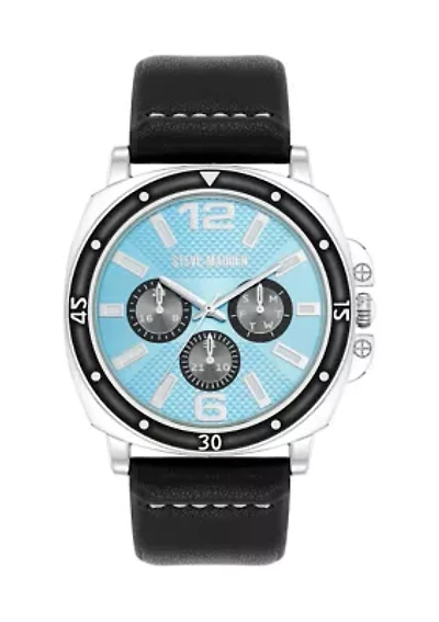 Vivid Light Blue Dial Black Faux Leather Watch