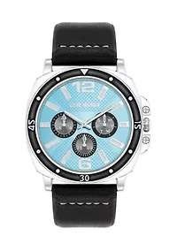 Vivid Light Blue Dial Black Faux Leather Watch