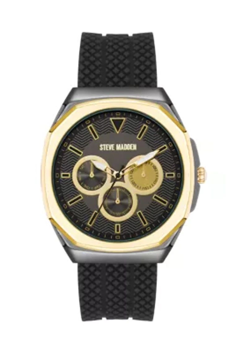 Bold Black Textured Silicone and Gold Tone Alloy Metal Watch