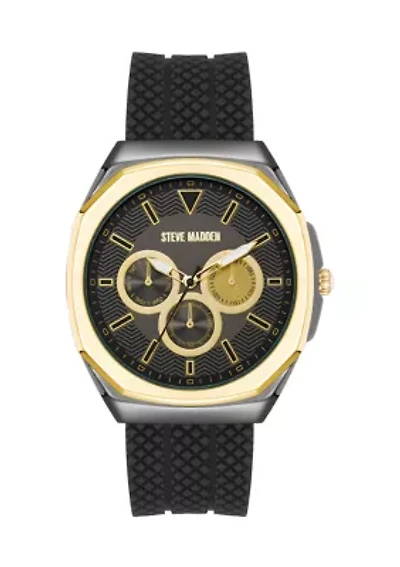 Bold Black Textured Silicone and Gold Tone Alloy Metal Watch